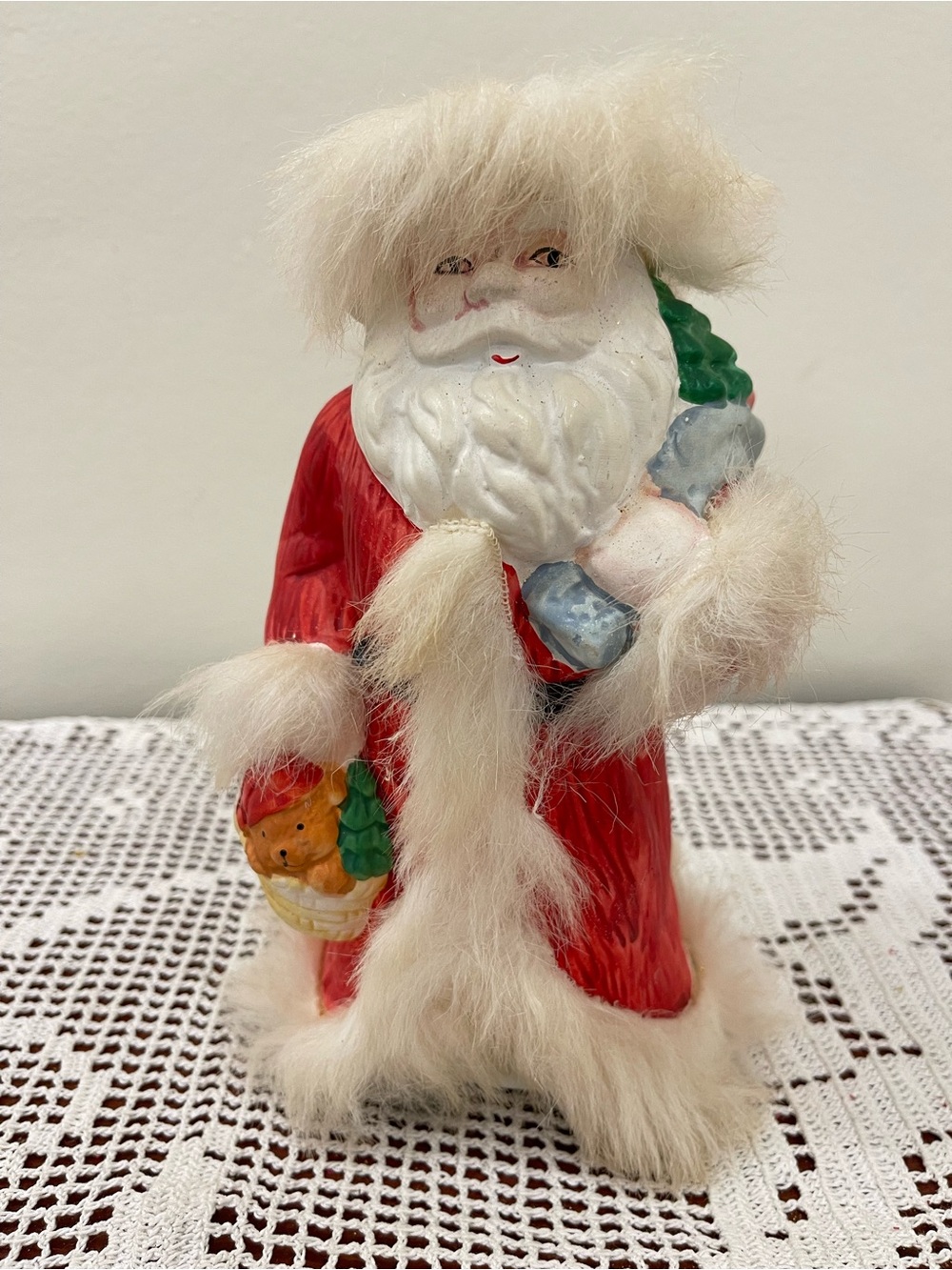Red ceramic Santa Figurine Holiday Décor with Faux Fur
